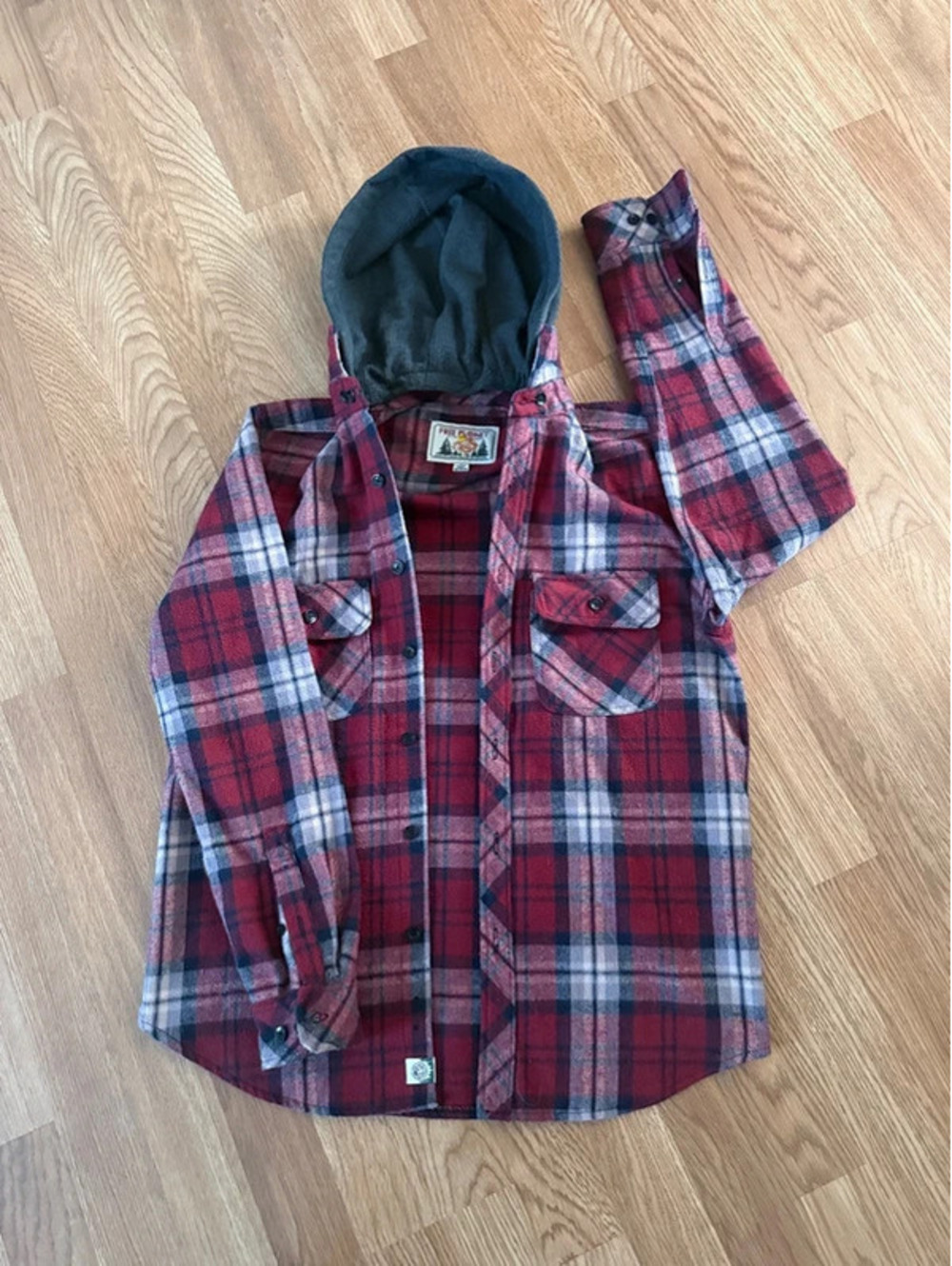 Free Planet maroon plaid flannel hoodie, button up outdoors, size S